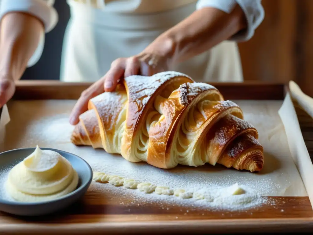 Manos de panadero francés moldeando un croissant, en un entorno rústico con luz suave