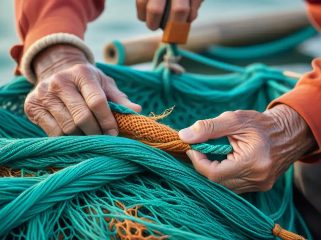 Las manos del pescador en Bretaña reparan con destreza una red de pesca, reflejando la tradición culinaria