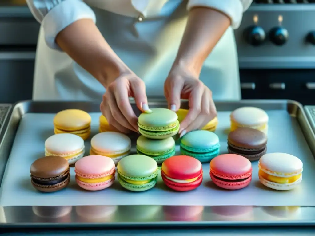 Manos de repostero experto decorando macarons con precisión y arte