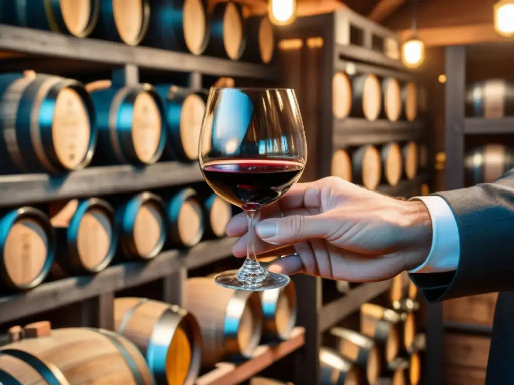 Las manos de un sumiller sostienen una copa de vino tinto francés en una bodega