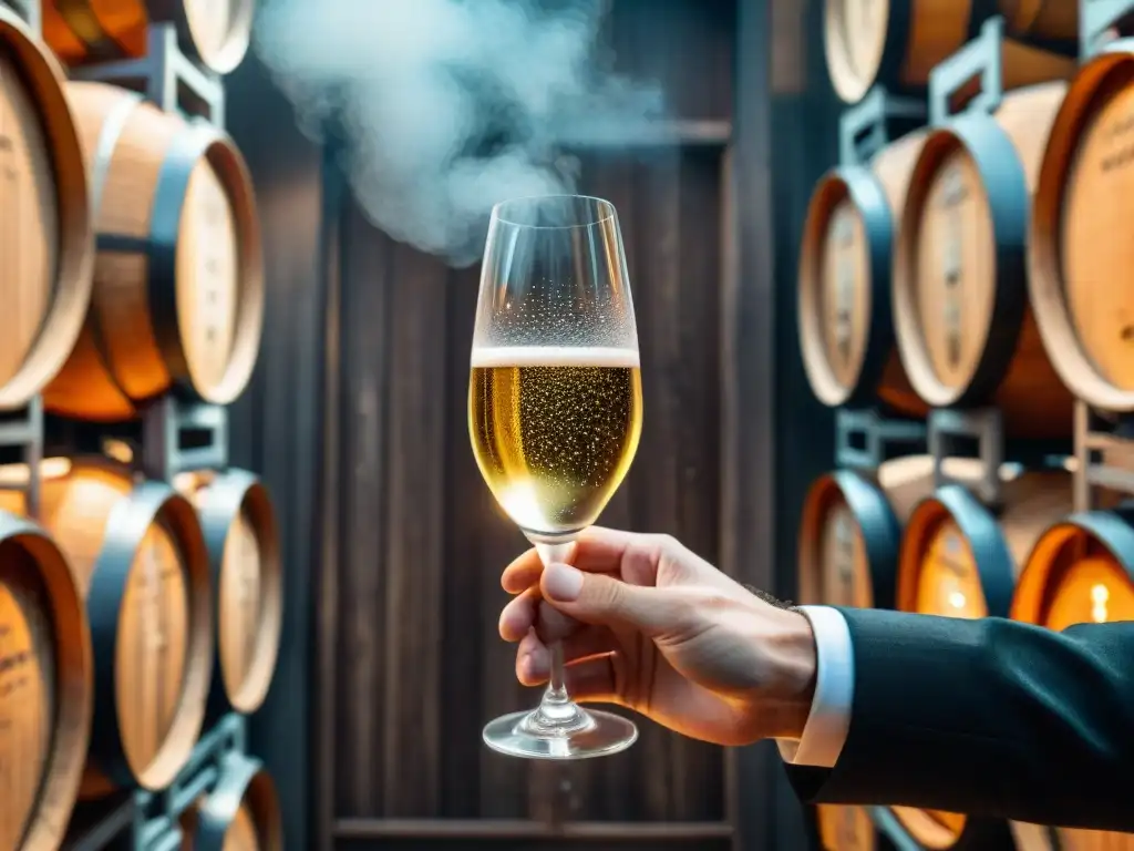 Las manos de un sumiller sostienen con delicadeza una copa de cristal con Crémant d'Alsacia champagne espumoso, en una bodega iluminada suavemente