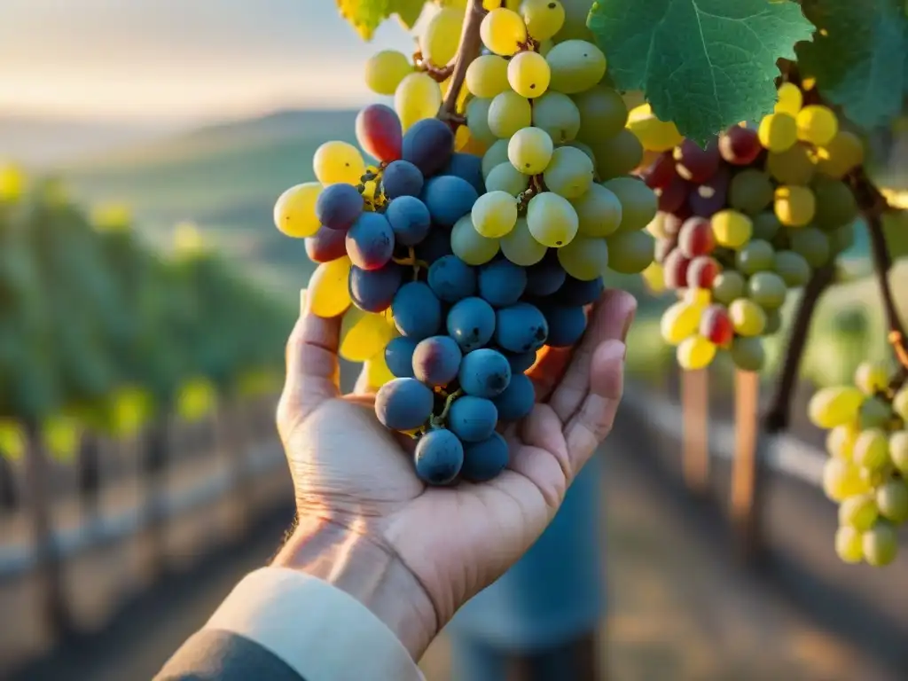 Manos de vinicultor cuidadosas con uvas maduras en viñedo francés, reflejando vinificación sostenible