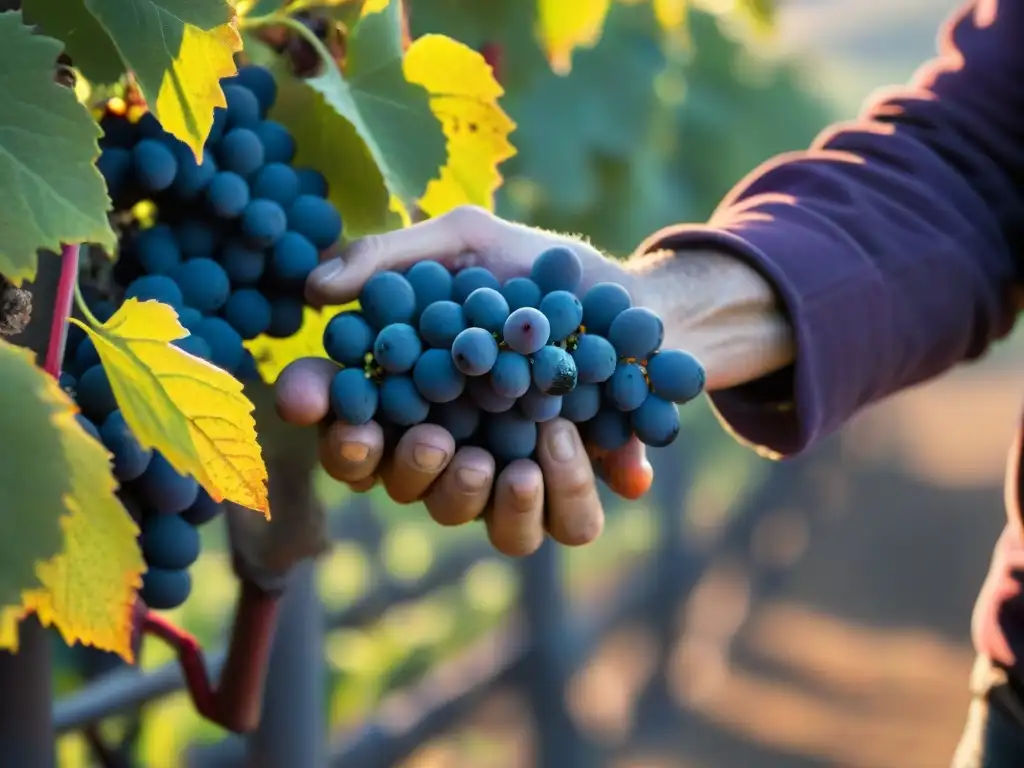 Manos del vinicultor en Borgoña sostienen racimo de uvas Pinot Noir, simbolizando pureza y pasión por vinos naturales