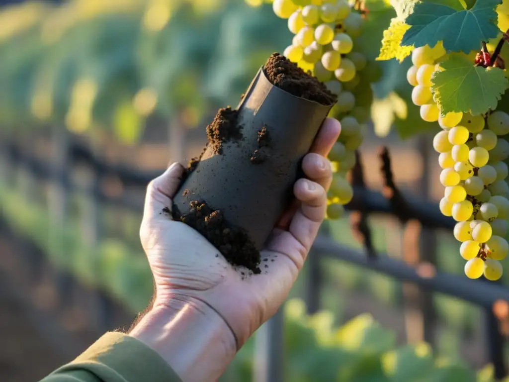 Manos de viticultor con muestra de suelo de viñedo en región vinícola francesa, destacando diversidad