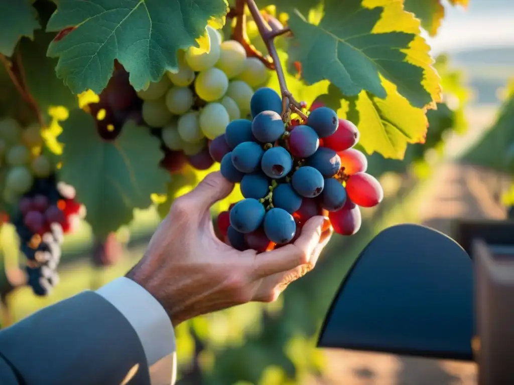 Manos de viticultor cuidando racimo de uvas Poulsard en viñedo de Jura, Francia