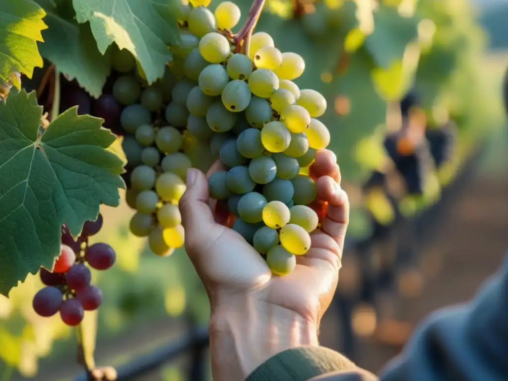 Manos de viticultor cuidando uvas Chardonnay maduras, bañadas por luz dorada en viñedo