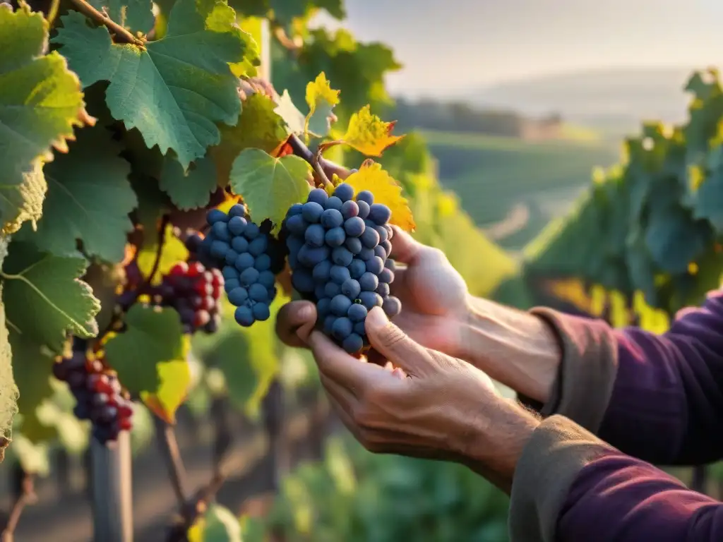 Las manos del viticultor sostienen uvas Pinot Noir en Borgoña, mostrando la conexión con la tierra y la sostenibilidad de los vinos orgánicos