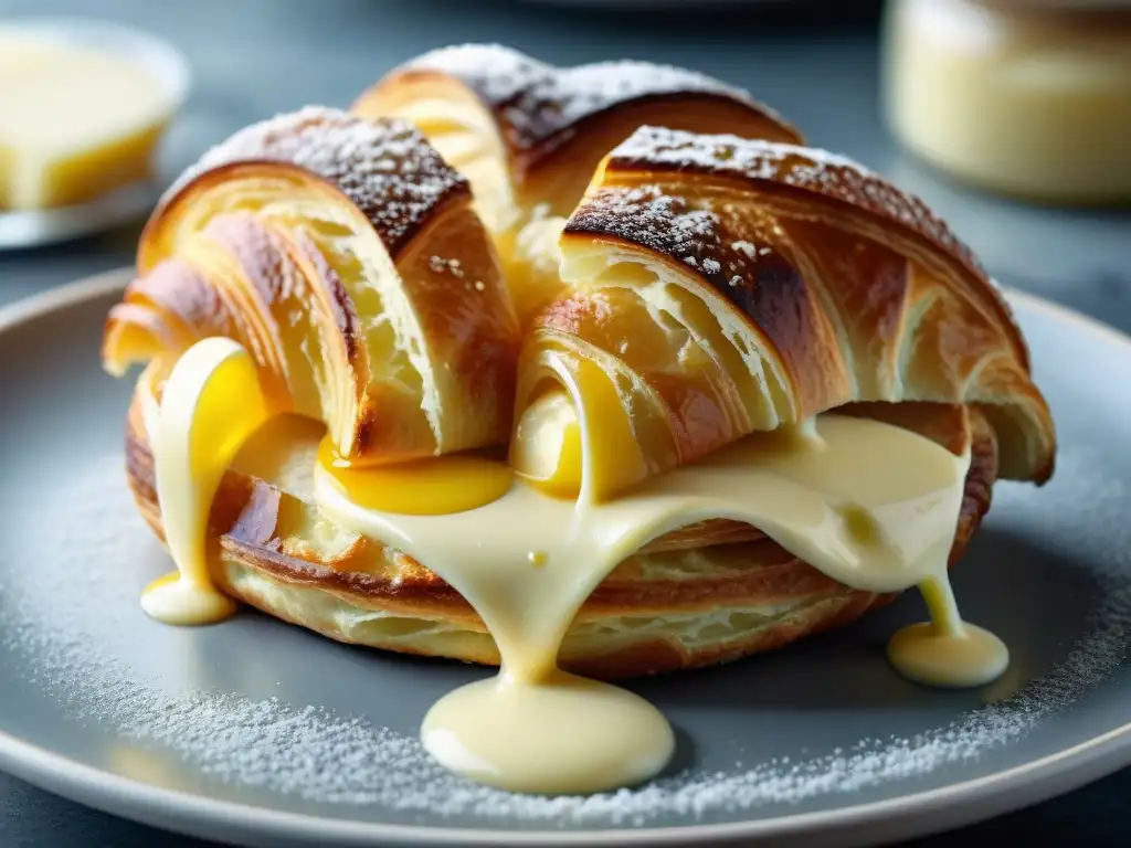 Mantequilla fermentada receta francesa: Croissant dorado y mantequilla brillante en cocina rústica