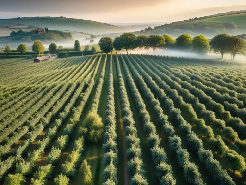 Maravillosa plantación de manzanos en la campiña francesa al atardecer