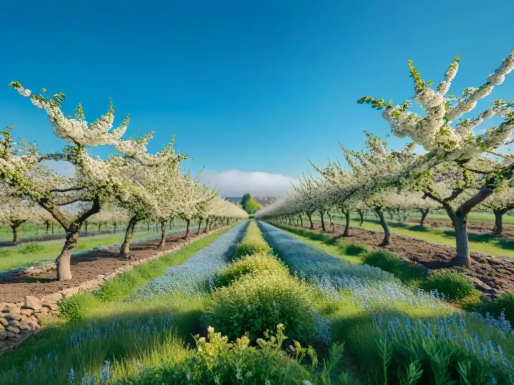 Manzanos en flor bajo el cielo azul de Normandía, con aroma a manzanas