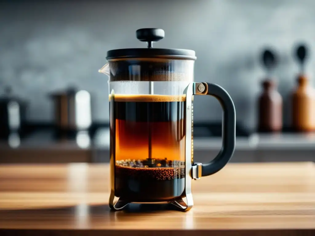 Una máquina de café francesa innovadora en acción, con gran detalle y elegancia en una encimera de madera