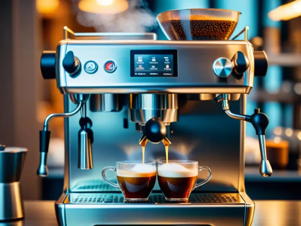 Una máquina de café francesa innovadora en acción, con vapor de café fresco y reflejo del barista concentrado