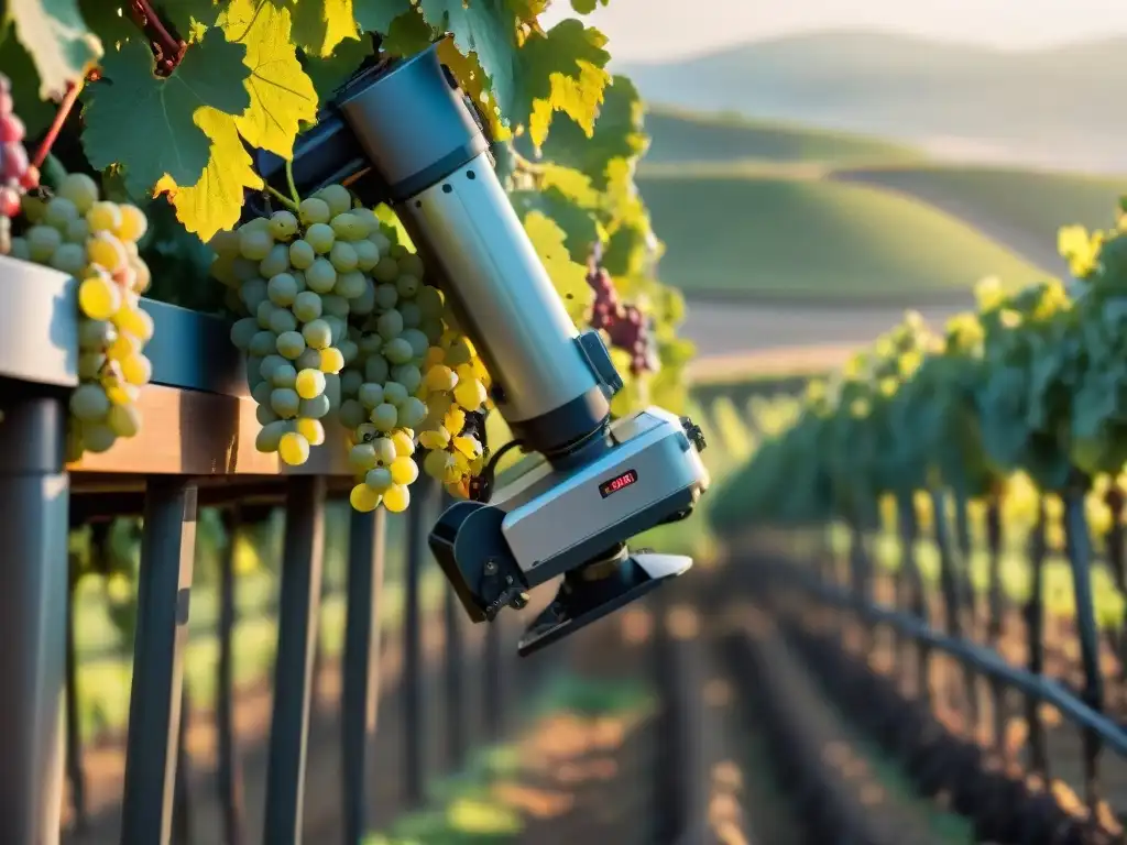 Una máquina robótica de vanguardia cosechando uvas en un viñedo francés al amanecer, fusionando tradición y tecnología