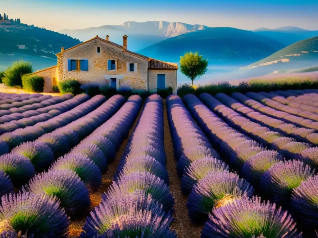 Un mar de lavanda en Provenza: campos púrpuras, abejas y una granja de piedra bajo el cálido sol