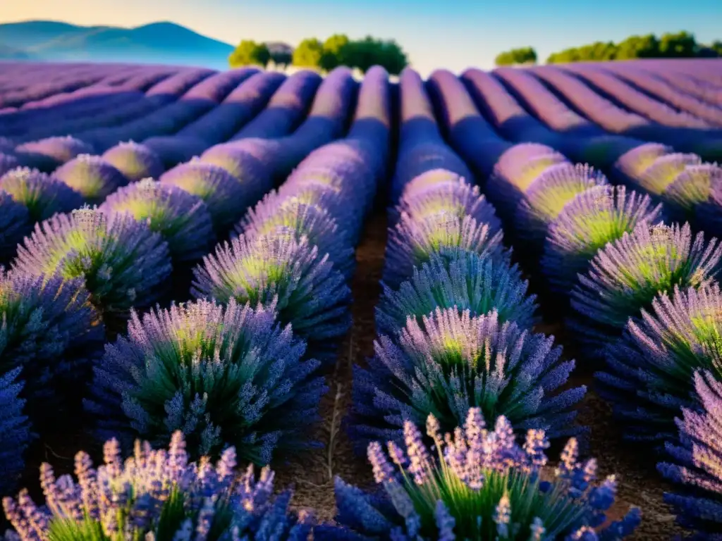 Un mar de lavanda púrpura vibrante en Provenza, Francia, repleto de abejas revoloteando