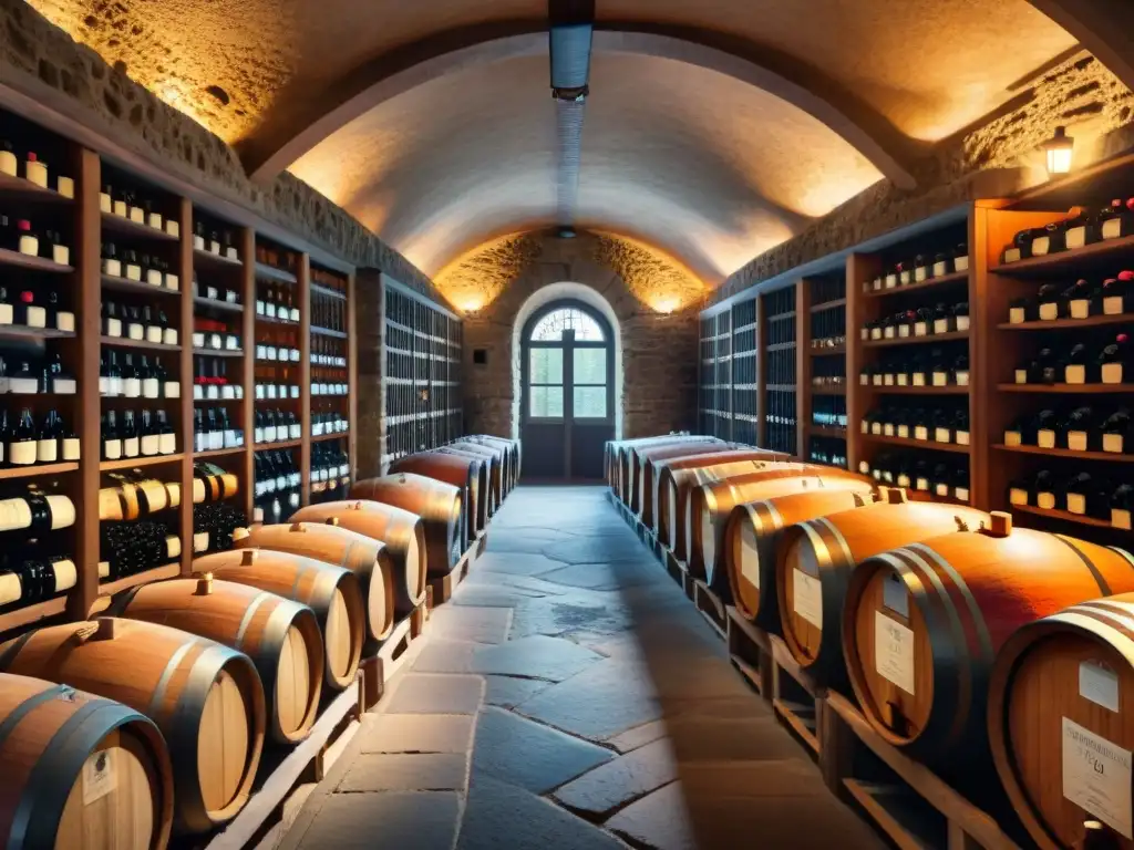 Maravillosa bodega de vinos franceses, con botellas, barriles y estantes de madera en una atmósfera sofisticada y rústica