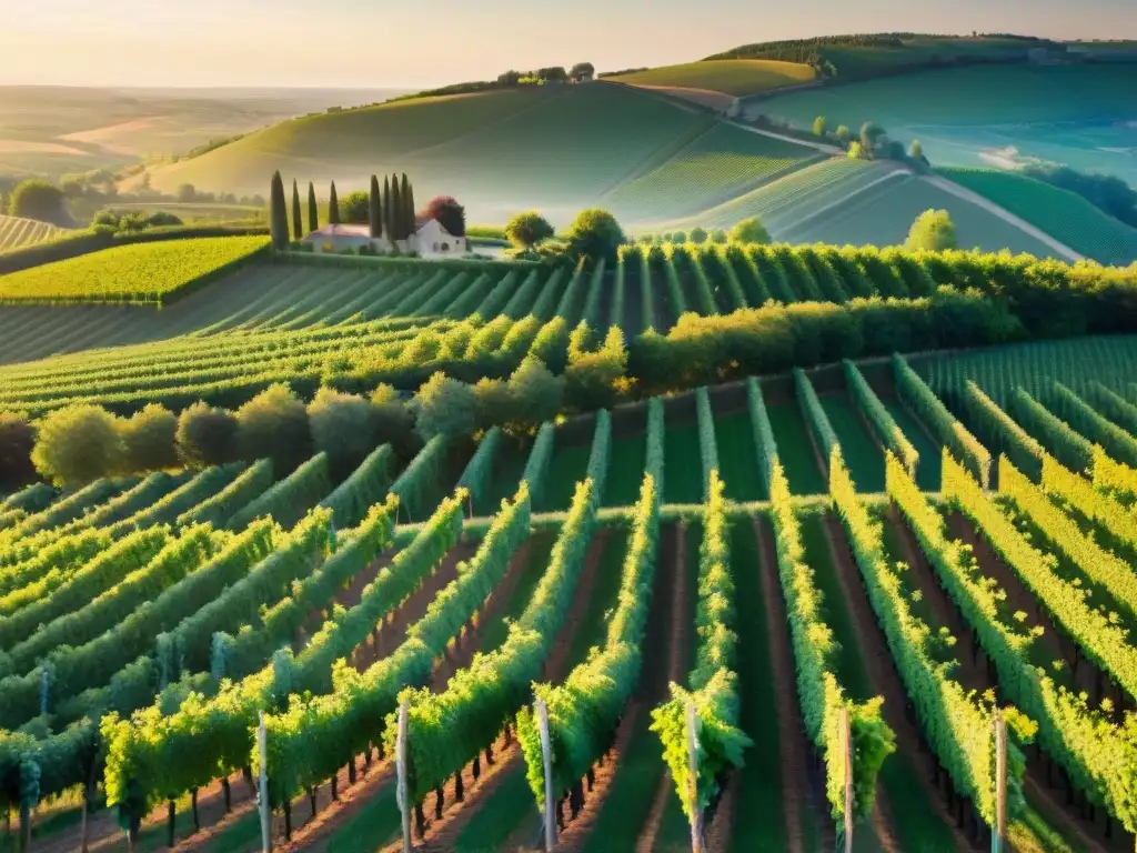 Maravillosa vista aérea de viñedos en el suroeste francés al atardecer, con un paisaje vibrante y encantador