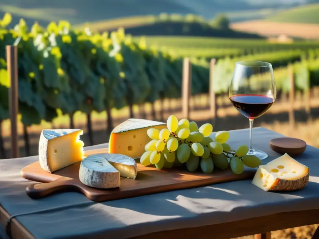 Maravilloso maridaje de quesos y vinos franceses en viñedo pintoresco