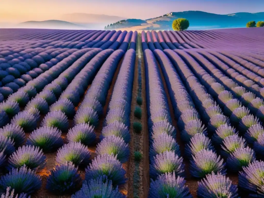 Un maravilloso paisaje aéreo de campos de lavanda púrpura en Provenza, Francia, bañados por el sol