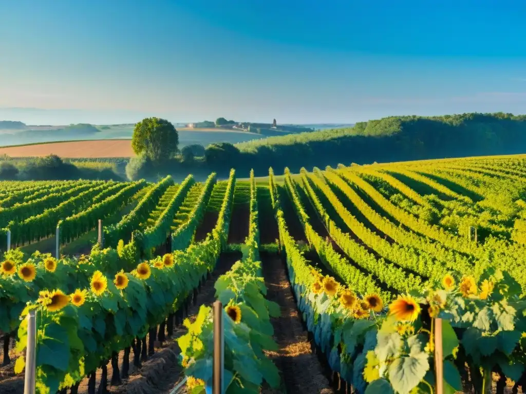 Maravilloso paisaje de viñedos en Bordeaux, Francia, con uvas y girasoles en armonía