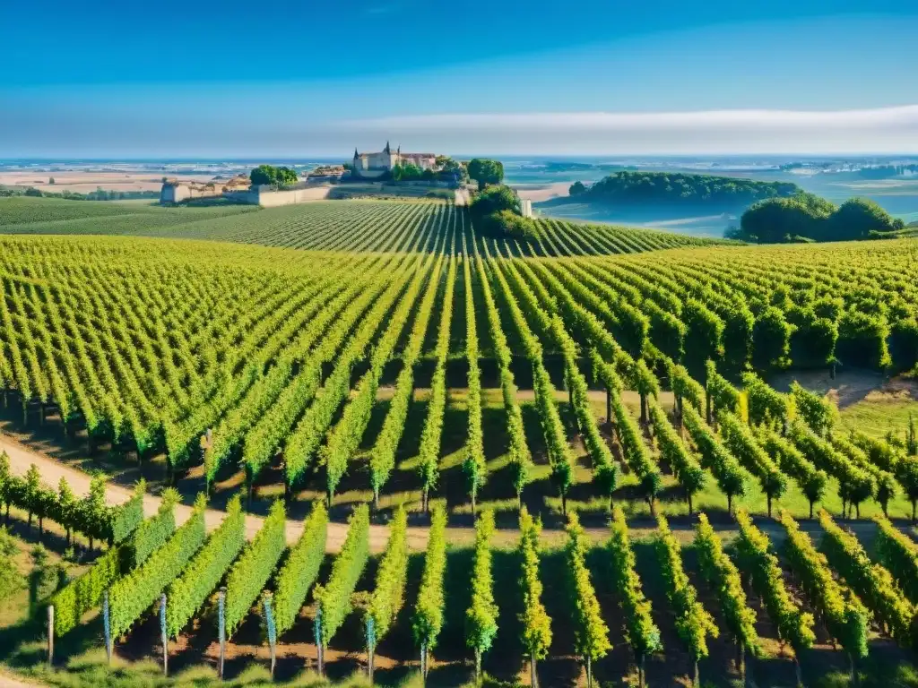 Maravilloso paisaje de viñedos en la región de Burdeos, con vides verdes bajo el cielo azul