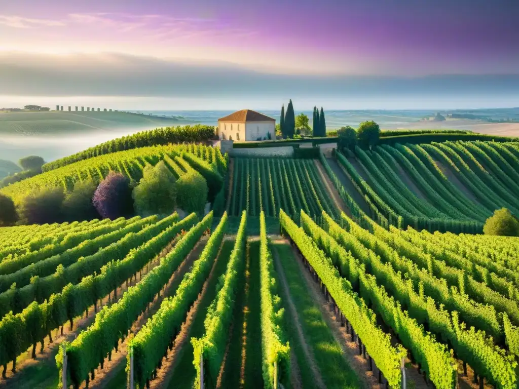 Viñedos de Bordeaux: Elegancia y tradición en cada uva Un maravilloso viñedo en Bordeaux, Francia, resplandece al atardecer