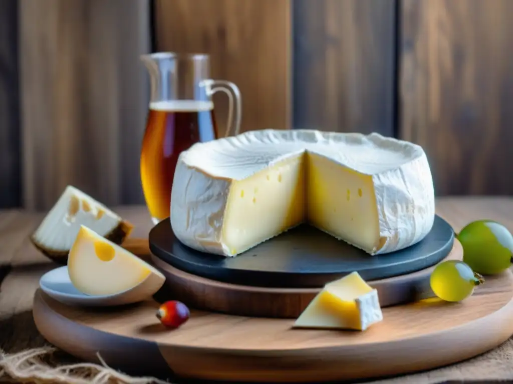 Maridaje de cervezas artesanales con quesos franceses: Camembert y variedad de cervezas en copas, sobre fondo de madera rústica iluminado suavemente