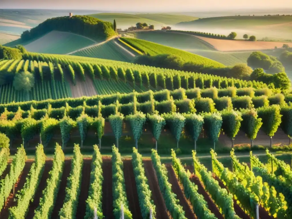 Viñedos de Borgoña: belleza dorada bajo el sol Maridaje vinos Borgoña gastronomía francesa: Viñedos de Borgoña al atardecer, con uvas Pinot Noir y Chardonnay