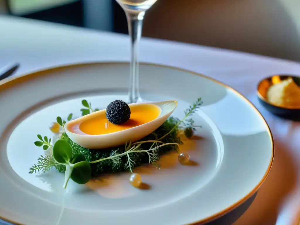 Un maridaje de lujo: copa de champán y exquisito platillo francés en elegante ambiente