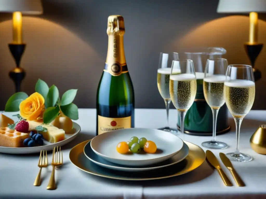 Maridaje de lujo: mesa formal con champagne, comidas francesas y elegancia en cada detalle