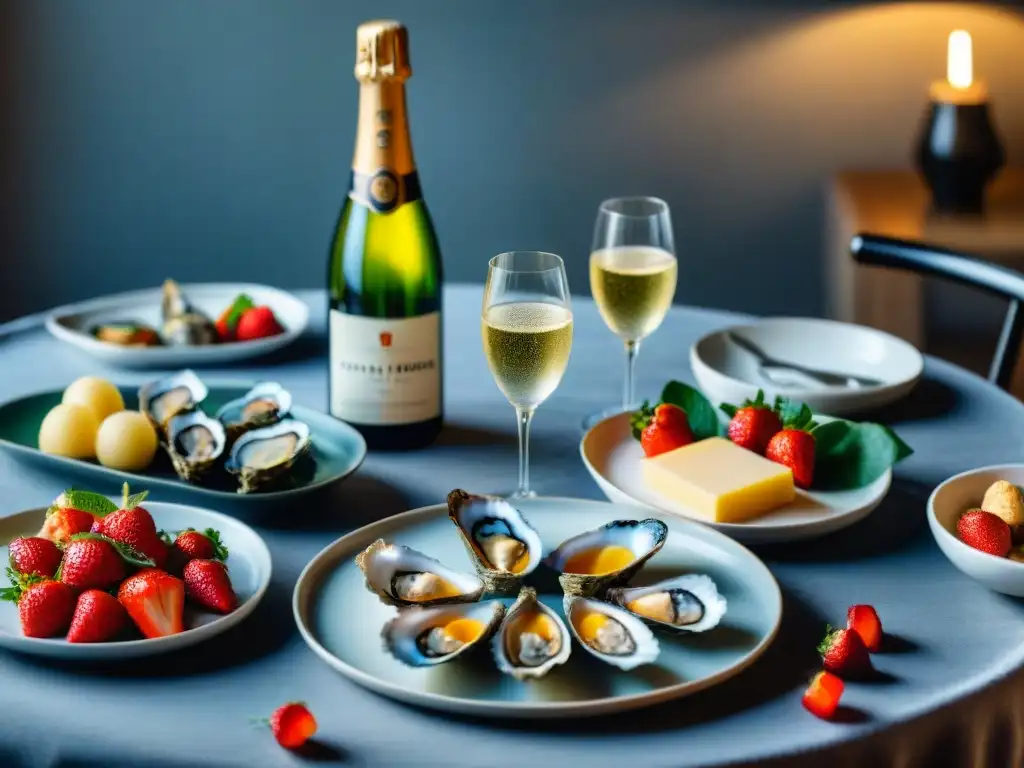 Un maridaje perfecto con Champagne Francia: mesa elegante con copas y alimentos delicadamente combinados bajo luz natural suave