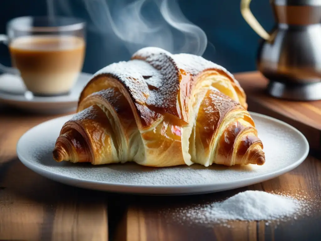 Maridaje perfecto pastelería francesa: Croissant dorado y café aromático en mesa rústica