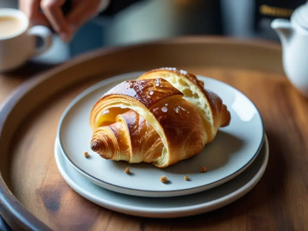 Maridaje perfecto pastelería francesa: Detalle de croissant dorado sobre plato artesanal, escena de café parisino