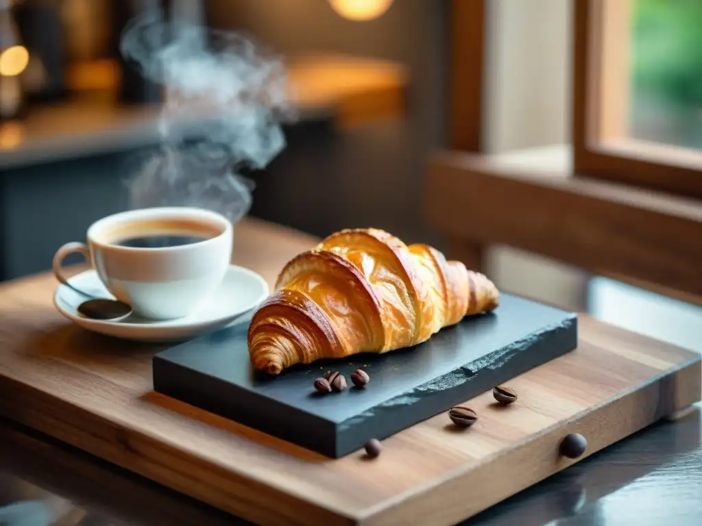 Maridaje perfecto pastelería francesa: Croissant dorado sobre tabla de madera, junto a café francés en prensa, en escena iluminada por la mañana