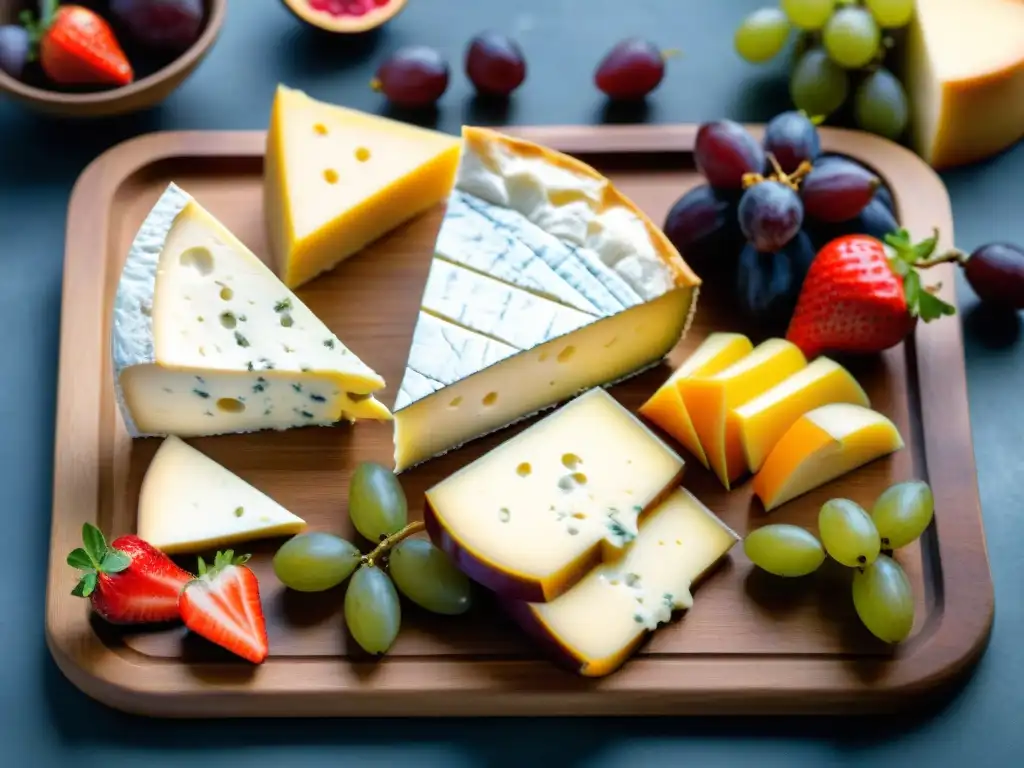 Maridaje perfecto de quesos franceses y frutas frescas en tabla de madera