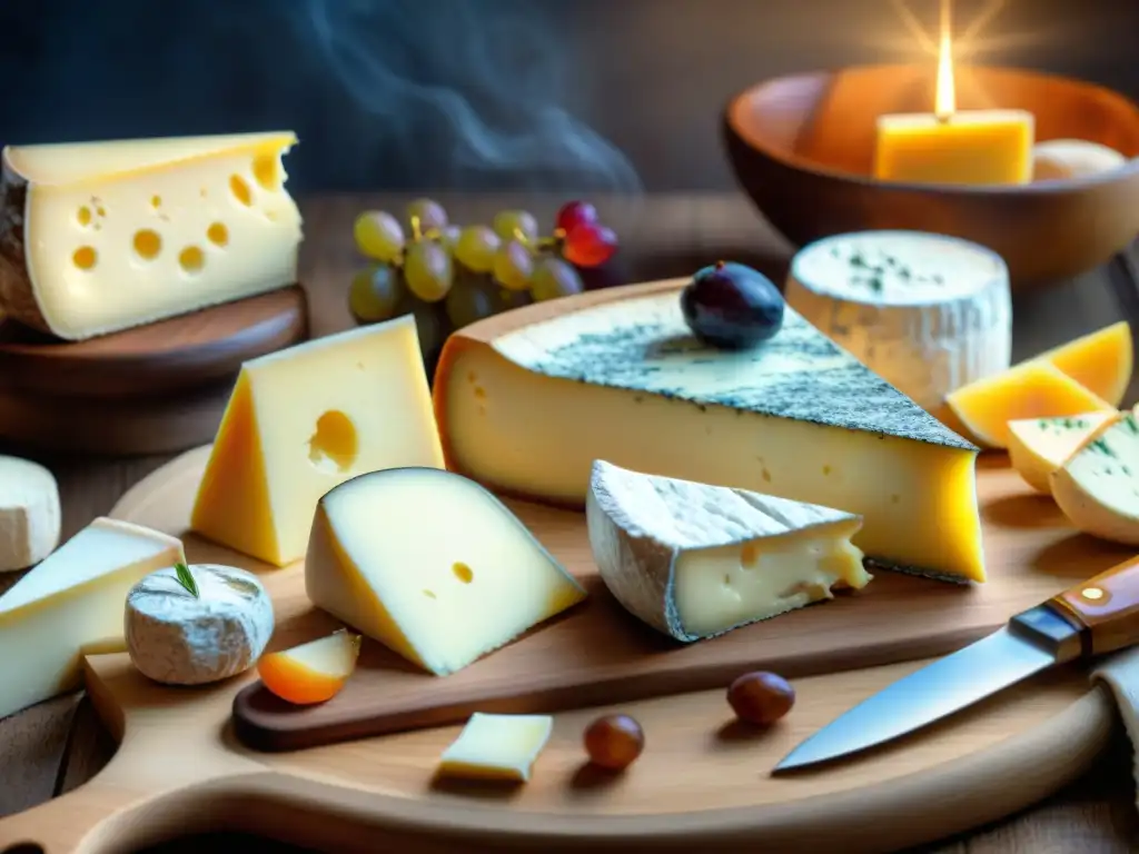 Maridaje queso vinos franceses: Tabla de quesos rústica con Brie, Camembert, Roquefort y Comté, acompañados de vinos franceses finos