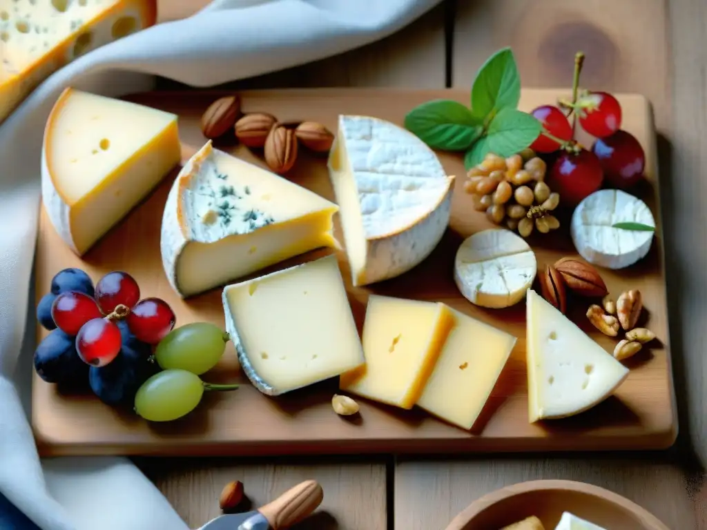 Maridaje de quesos franceses avanzado en una tabla rústica con Brie, Camembert, Roquefort y Comté, acompañados de frutas, nueces, miel y galletas artesanales