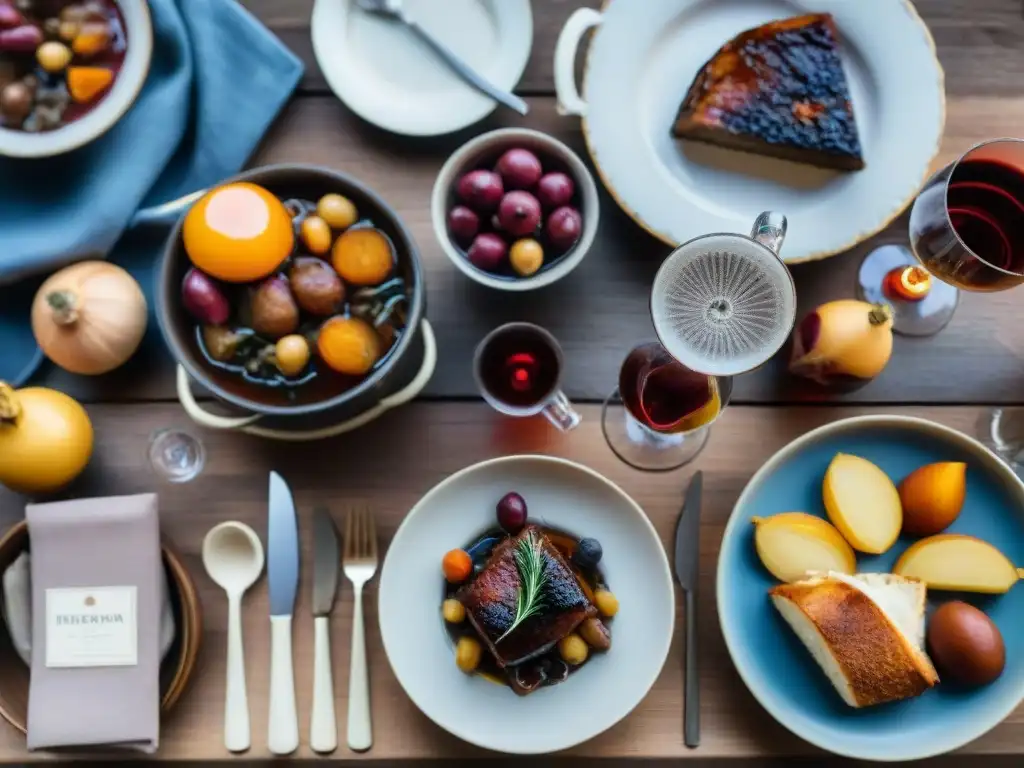 Maridaje de sidras francesas con exquisita comida tradicional en elegante mesa de madera