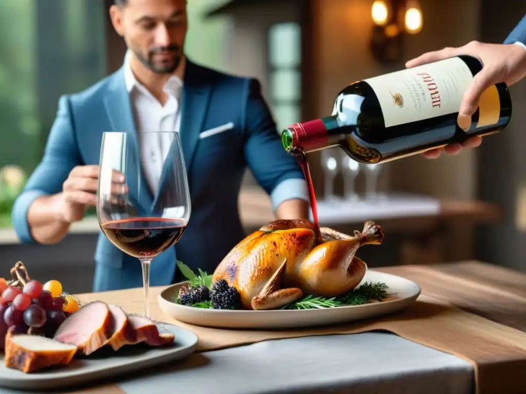 Maridaje de vinos y aves en una cocina francesa acogedora con un sumiller sirviendo vino tinto y preparando aves asadas