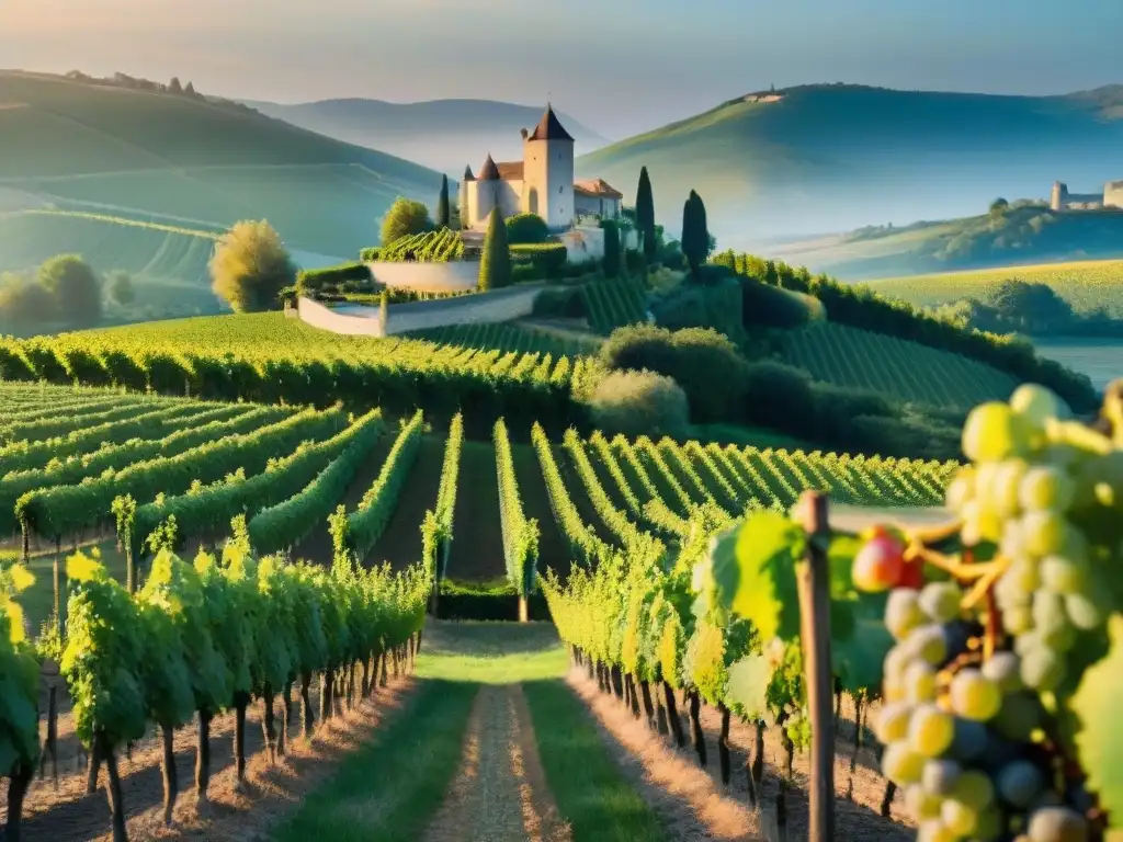 Maridaje de vinos blancos franceses en viñedo al atardecer