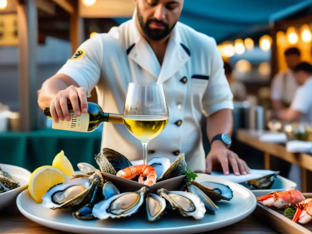 Maridaje vinos blancos franceses: Sommelier sirviendo vino junto a mercado de mariscos francés