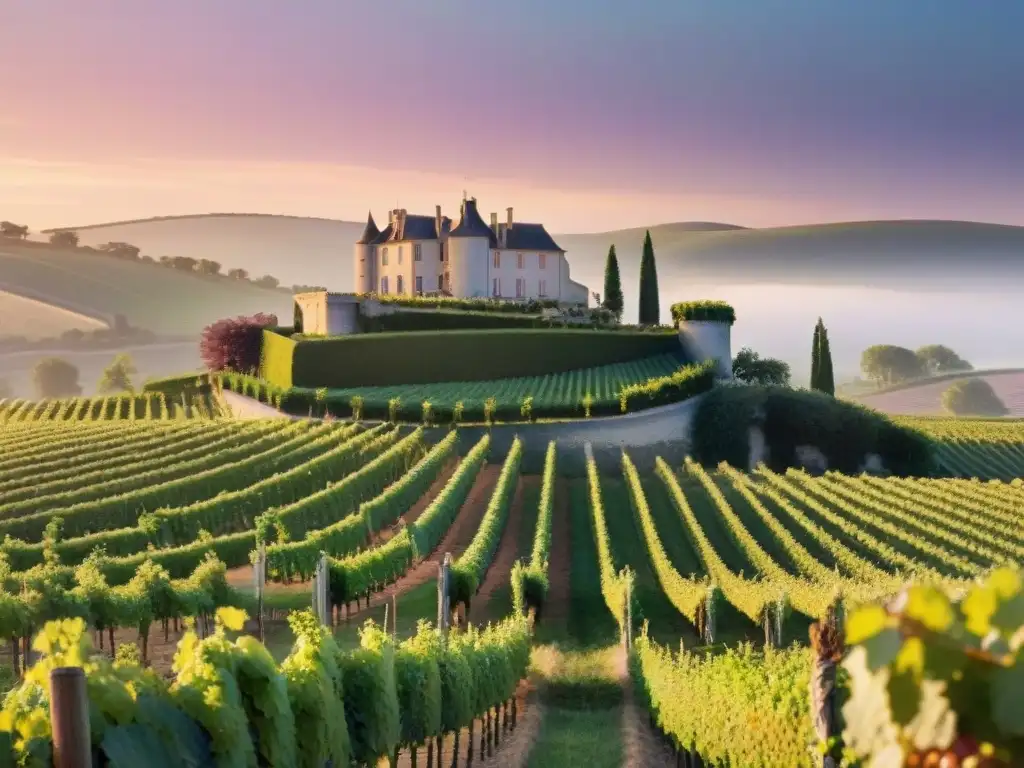 Maridaje vinos blancos franceses cocina asiática: Viñedo francés al atardecer con château y viñedos verdes bajo un cielo de tonos cálidos