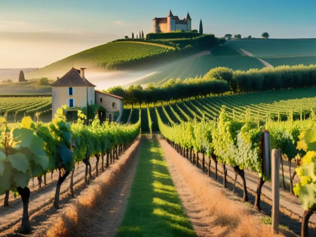 Maridaje vinos blancos franceses: Viñedo francés al atardecer, con filas ordenadas de vides verdes bañadas en luz dorada