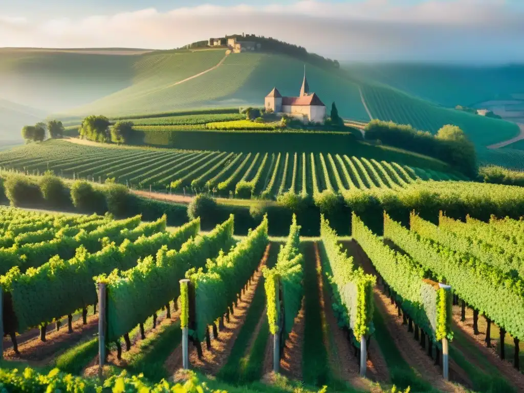 Maridaje de vinos blancos y quesos en los viñedos de Borgoña al amanecer, con neblina y luz suave