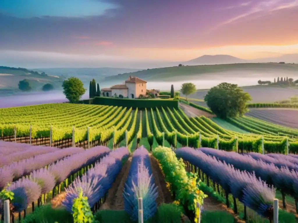 Maridaje de vinos franceses con platos asiáticos: Viñedo francés al atardecer con chateau y campos de lavanda en flor