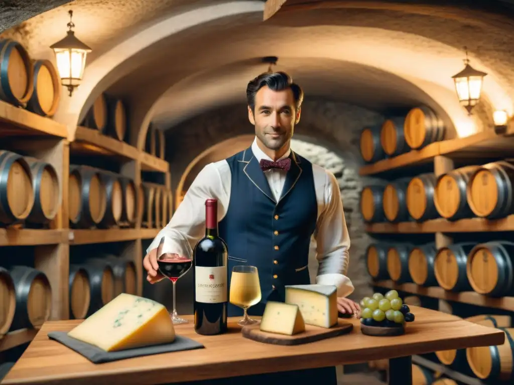 Maridaje de vinos franceses y quesos en bodega tradicional iluminada por linternas, con sommelier sirviendo vino