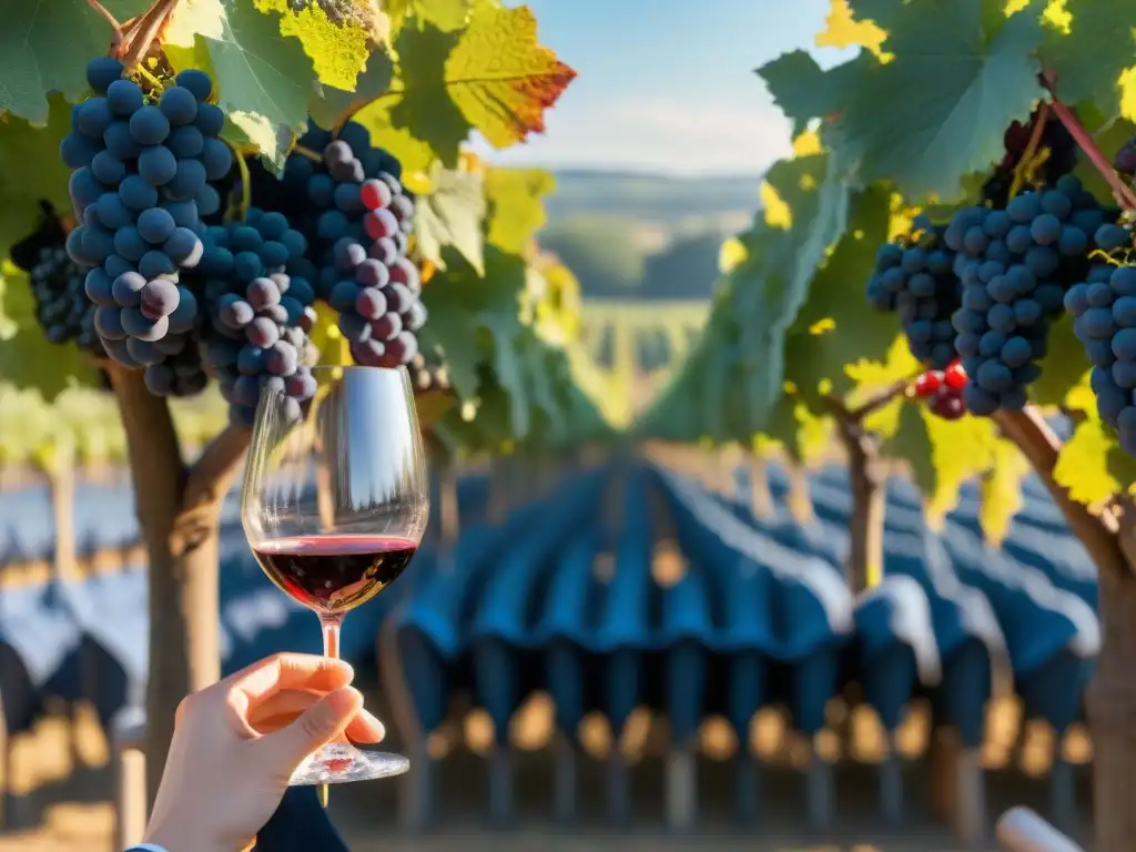 Maridaje de vinos y música en Francia: Viñedo sereno, sommelier sirviendo vino y orquesta al fondo bajo un cielo azul