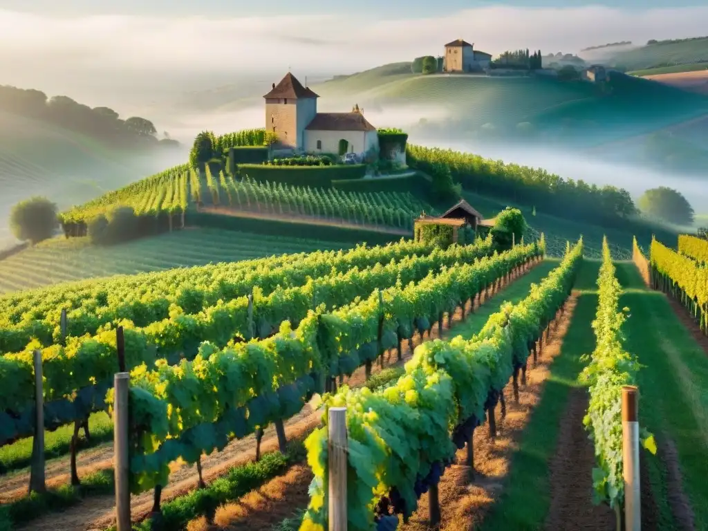 Maridaje de vinos orgánicos con platos franceses en un viñedo místico al amanecer