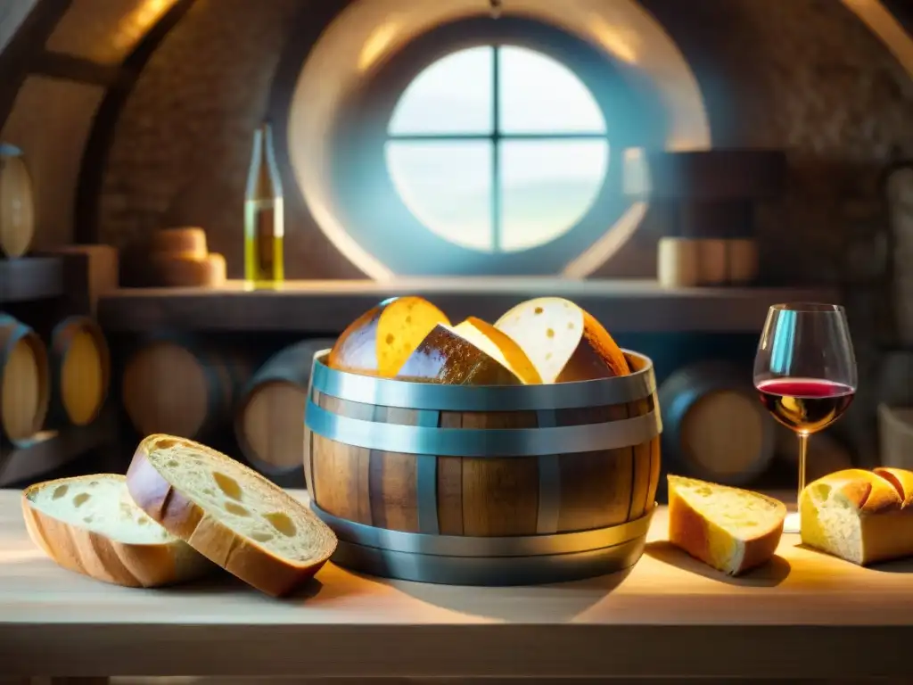 Armonía rústica: barrica de vino y pan francés Maridaje vinos y pan francés en una bodega rústica con barril de madera y pan recién horneado iluminados por el sol