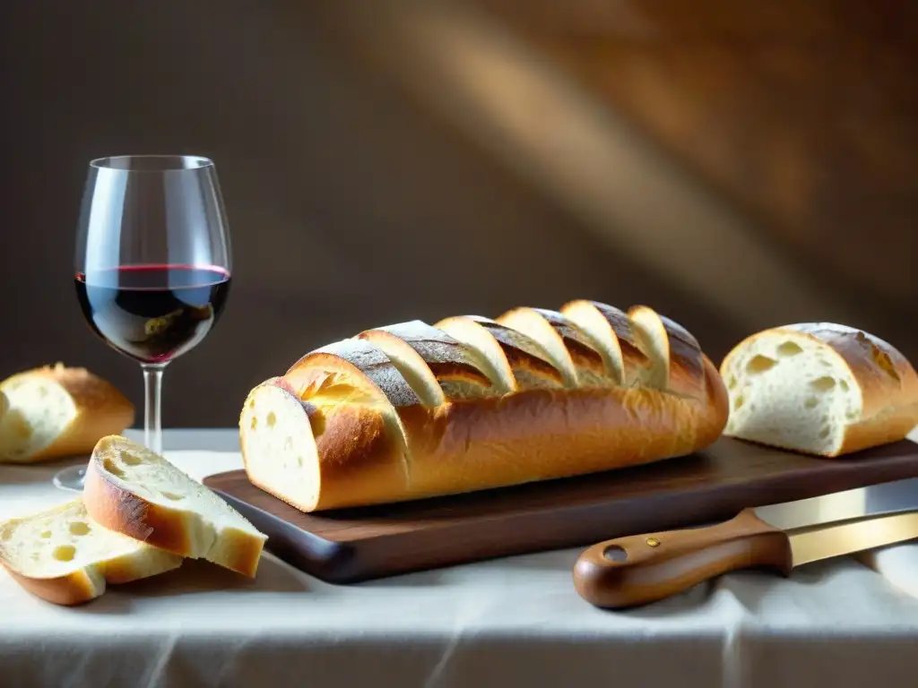 Delicias francesas: pan y vino en armonía Maridaje de vinos y pan francés: mesa rústica con baguette, croissant y pain de campagne junto a elegantes copas de vino